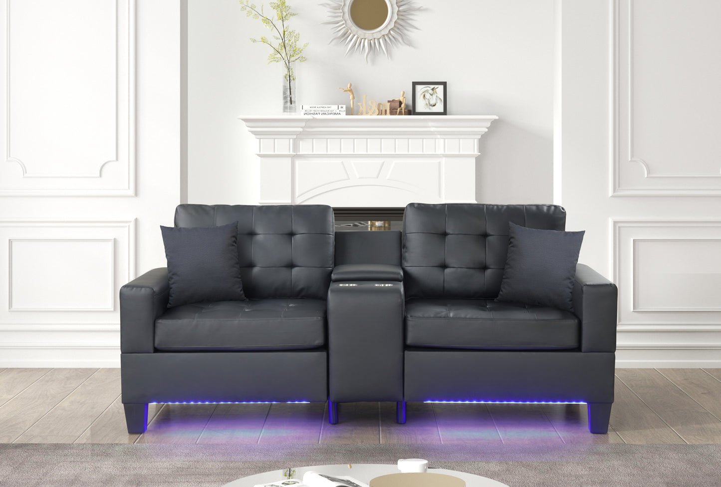 Genesis 85'W Black PVC Fabric Sofa with LED Lights, USB Charger, Storage Console, Cupholders, Tufted Cushions