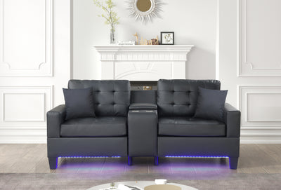 Genesis 85'W Black PVC Fabric Sofa with LED Lights, USB Charger, Storage Console, Cupholders, Tufted Cushions