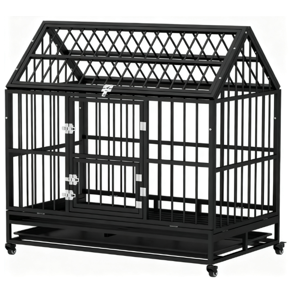Heavy Duty Dog Crate with 4 Lockable Wheels, Double Doors, and Removable Tray,  Black