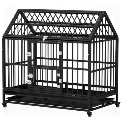 Heavy Duty Dog Crate with 4 Lockable Wheels, Double Doors, and Removable Tray,  Black