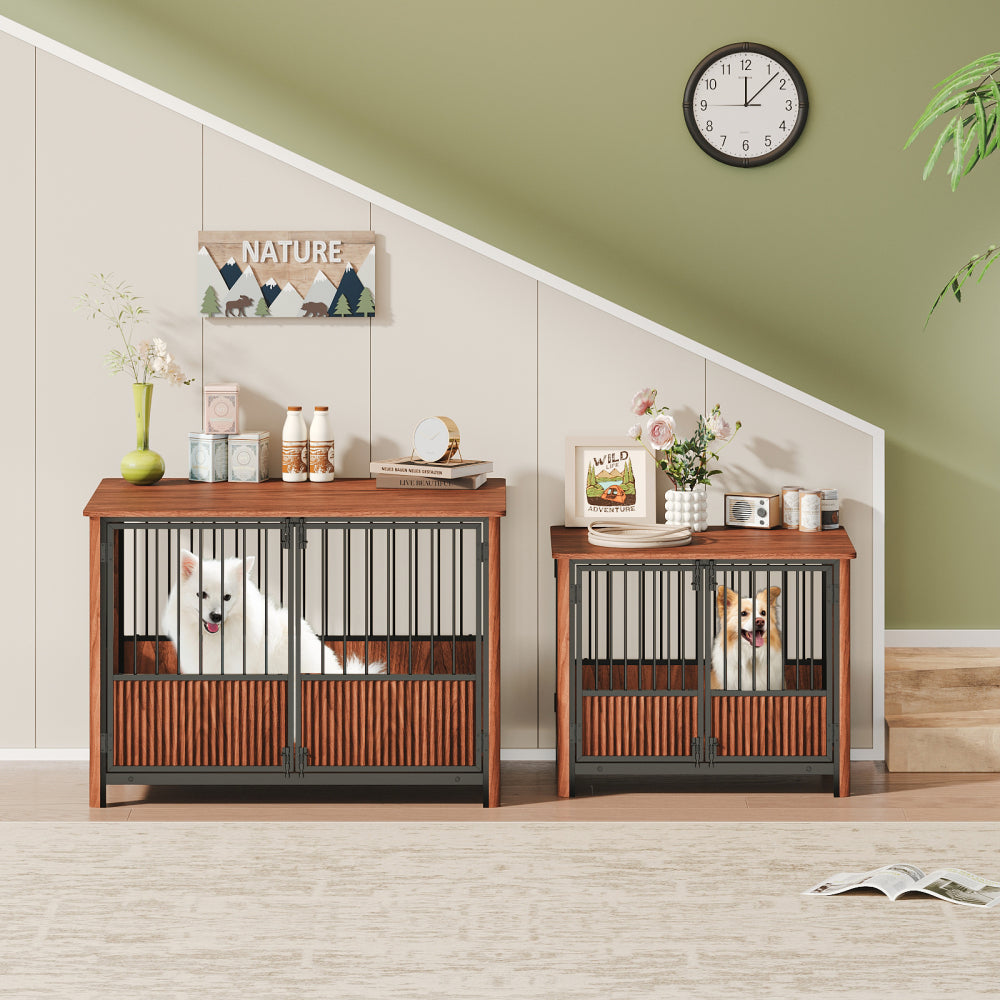 31.5'' Walnut Fluted Wood Furniture Style Dog Crate for small & Medium Dogs - Double Door Design, Decorative Pet House & Indoor Side End Table.