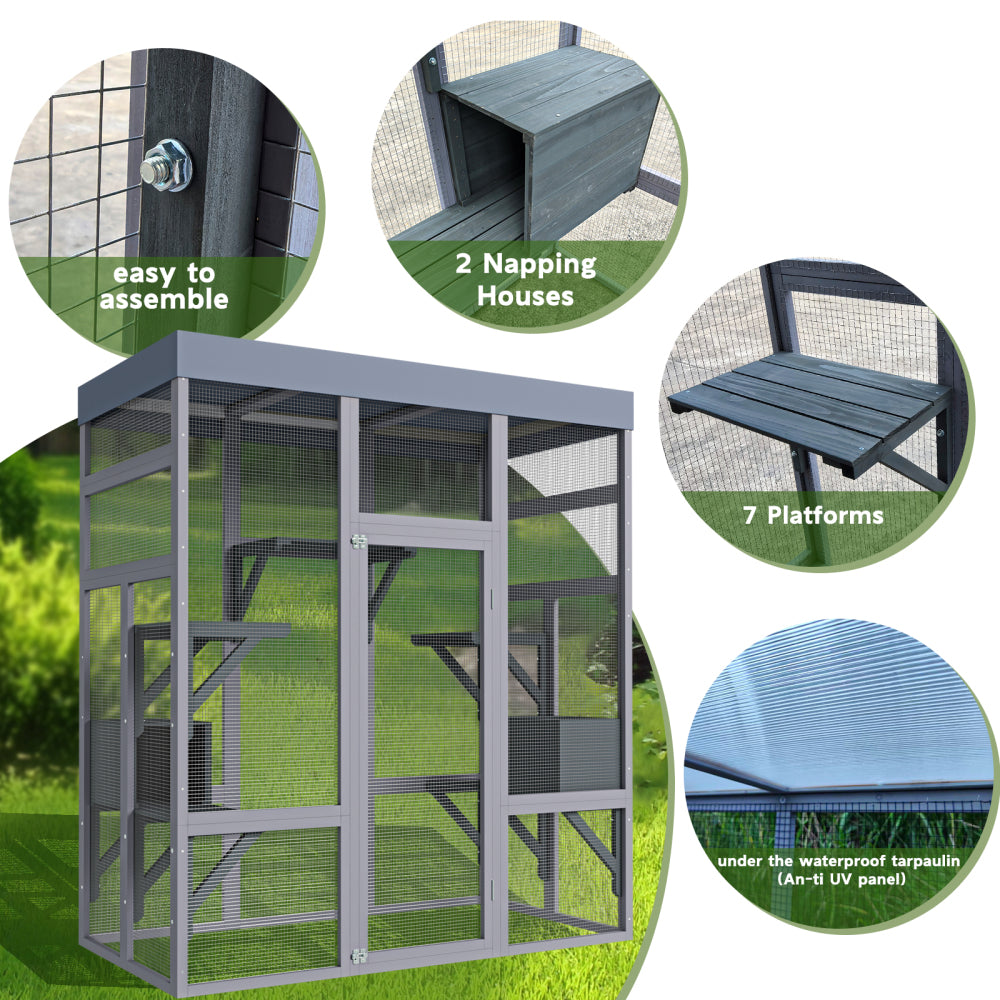 62.6" Wooden Outdoor Catio for Cats, Large Cat Enclosure with Waterproof Roof, 2 Napping House, Platforms & Rust-Proof Wire – Secure Pet Cage for Backyard or Patio