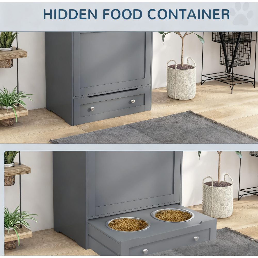 Pet Feeder Station Storage Cabinet, with Dog Raised Bowls, Gray