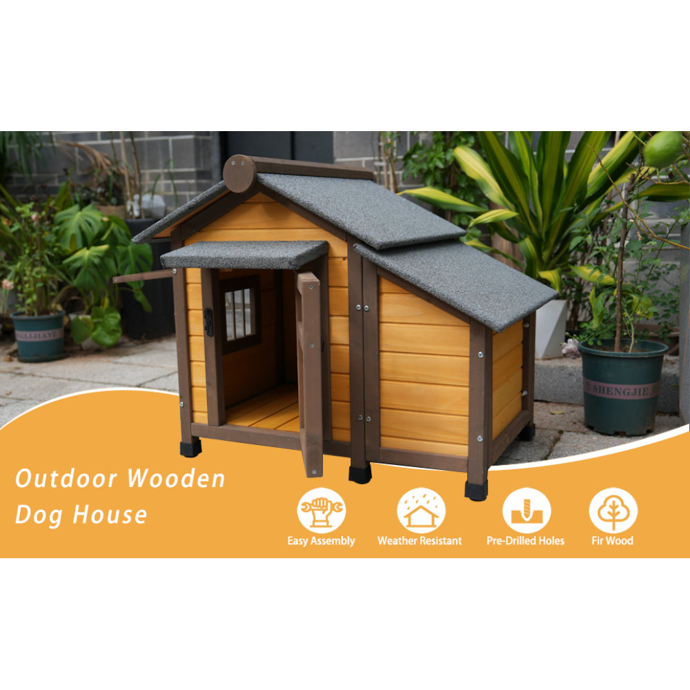 45 Inch Solid Wood Dog House, Cozy Outdoor Shelter for Medium & Small Dogs with Lockable Ventilated Door, Waterproof Insulated Felt Roof & Charming Design
