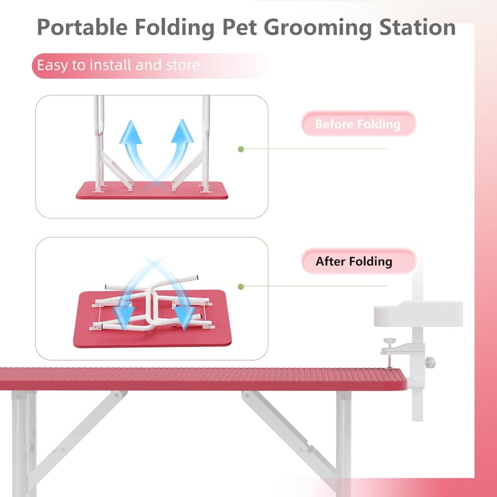 36''Large Dog Grooming Table, Foldable Pet Station at Home, Dog Grooming Table,Adjustable Cat Drying Desktop with Arms, Nooses, Mesh Tray (36Inch Pet Grooming Table Pink)