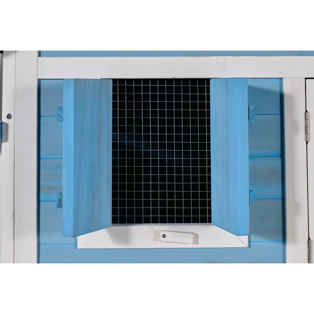 76" Wooden Rabbit Hutch Bunny Cage with Waterproof Asphalt Roof, Fun Outdoor Run, Removable Tray and Ramp, Light Blue