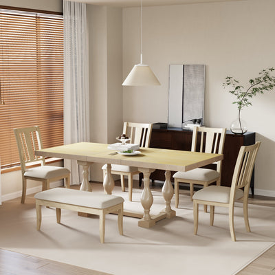 TOPMAX Traditional 6-Piece 78inch Trestle Extendable Dining Table Set with One 18inch Removable Leaf, Padded Dining Chairs and Bench,Natural
