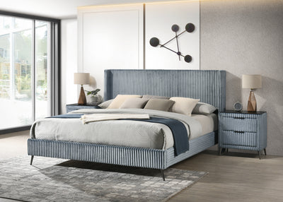 Mavela Wide Wale Corduroy Upholstery Panel King Bed with 2 Nightstands, Blue