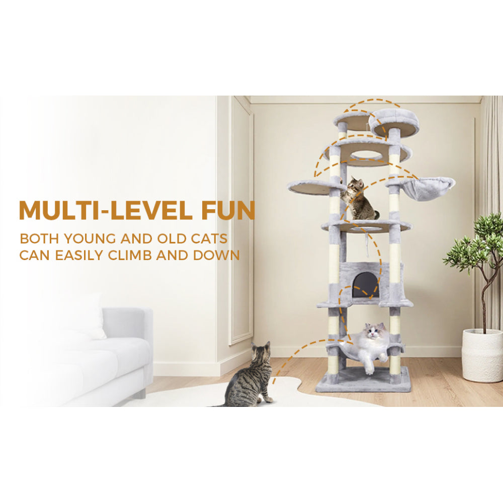 78.8 in Light Gray Cat Tree Tower with Wide Base, Large Condo,  12 Sisal Scratching Post, Big Hammock,  Large Top Platform, Many landing Perch and Interactive toy