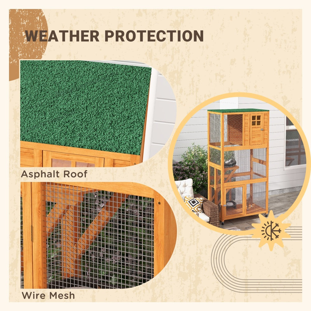 PawHut 74" Wooden Outdoor Cat House Weatherproof & Wheeled, Catio Outdoor Cat Enclosure with High Weight Capacity, Kitten Cage Condo, Orange