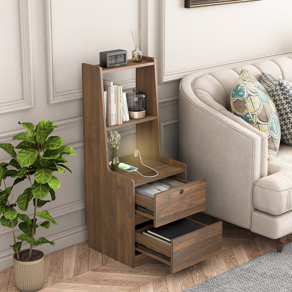 SunJet Nightstand with Charging Station, Smart Nightstand with Night Light, Modern Night Stand with Bookshelf, Bedside Tables with Storage Cabinet for Bedroom, Wood