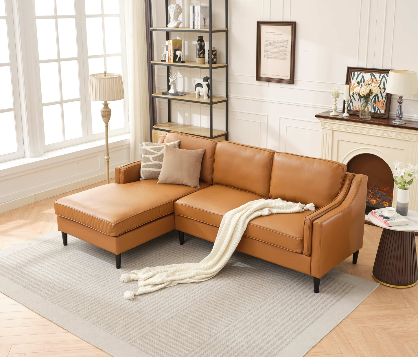 94.5 inch modern style L-shaped genuine leather sofa with chaise lounge, Left Chaise, Tan