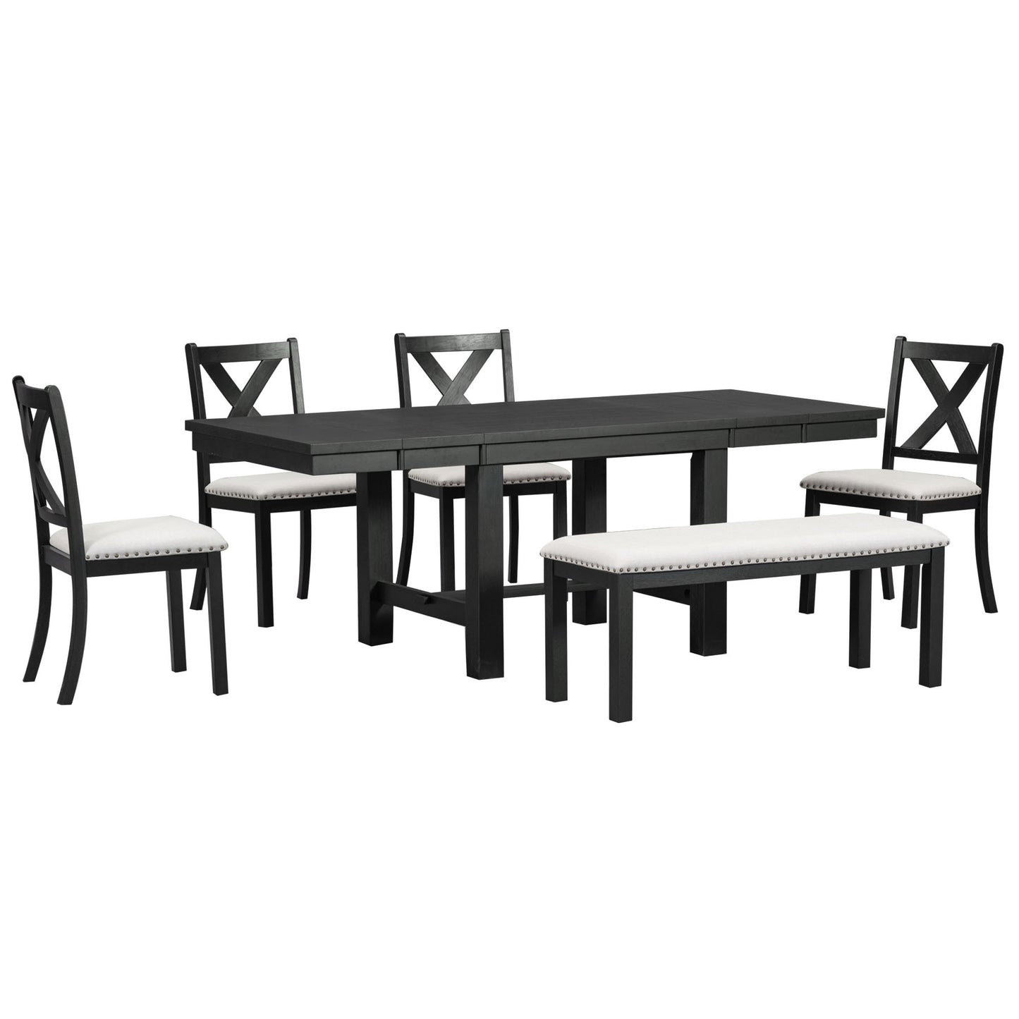 TOPMAX Farmhouse 82inch Extendable Dining Table Set with Footrest, 4 Upholstered Chairs and Bench, Black and Beige