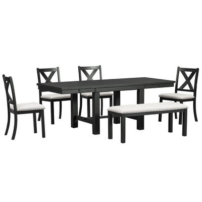 TOPMAX Farmhouse 82inch Extendable Dining Table Set with Footrest, 4 Upholstered Chairs and Bench, Black and Beige