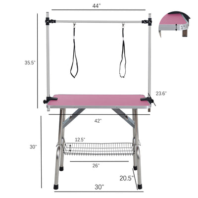 42" Folding Dog Pet Grooming Table Stainless Steel Frame Rubber Mat on Board with Adjustable Arm and Clamps pet dog Cat Grooming Table (PINK COLOR)