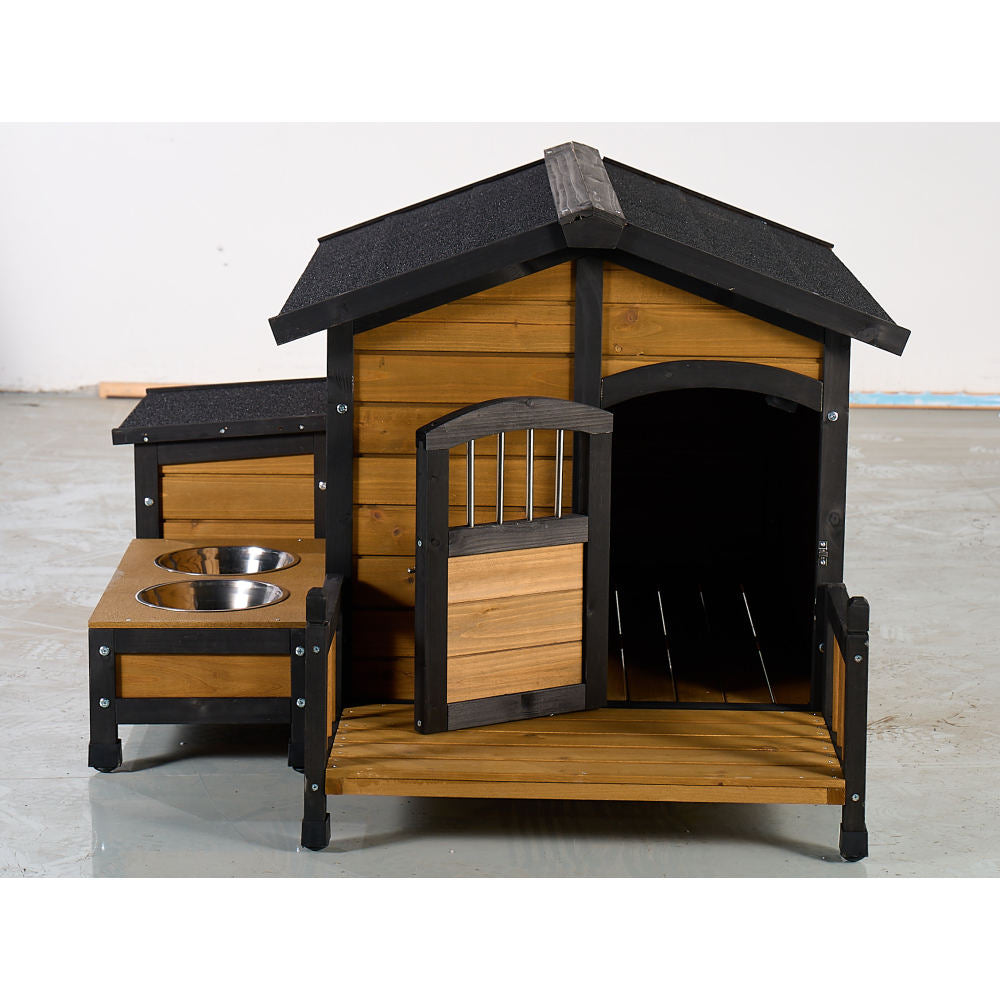 Large Wooden Dog House with Storage Box and Feeding Station, Outdoor Pet Kennel with Asphalt Roof, Porch, and Lockable Door – Weatherproof Fir Wood Dog Home for Small to Medium Dogs