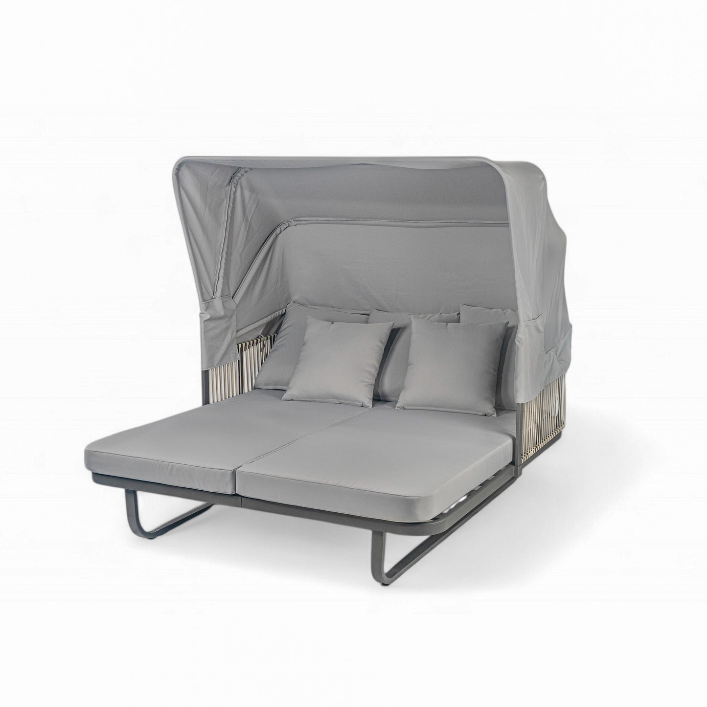Outdoor Patio Daybed with Retractable Canopy and Detachable Pillows, Grey Rattan and Waterproof Fabric, 57'