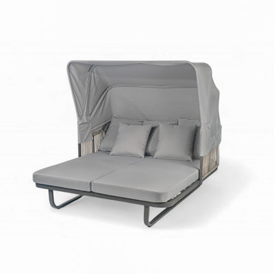 Outdoor Patio Daybed with Retractable Canopy and Detachable Pillows, Grey Rattan and Waterproof Fabric, 57'