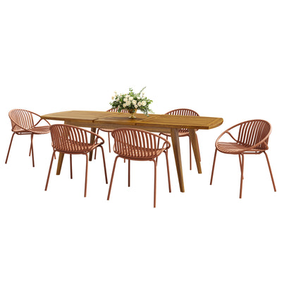 Modern Outdoor 7-Piece Expandable Dining Set with Stackable Chairs, Orange and Teak, Acacia Wood and Metal