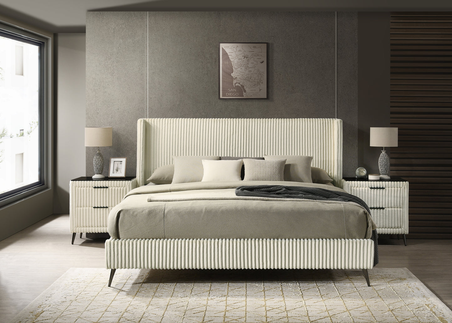 Mavela Wide Wale Corduroy Upholstery Panel King Bed with 2 Nightstands, Cream