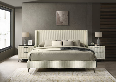 Mavela Wide Wale Corduroy Upholstery Panel King Bed with 2 Nightstands, Cream