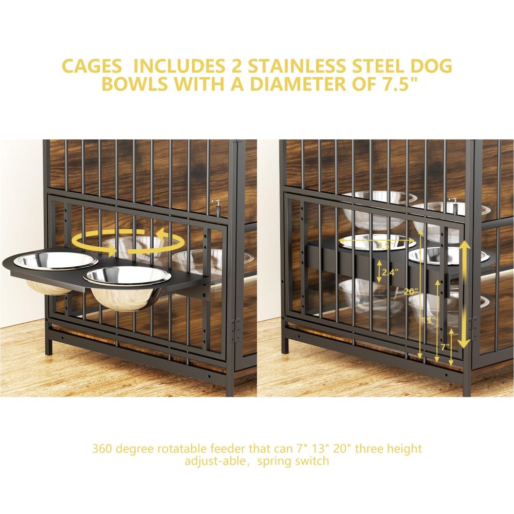Furniture Style Large Dog Crate with 360° & Adjustable Raised Feeder for Dogs 48"