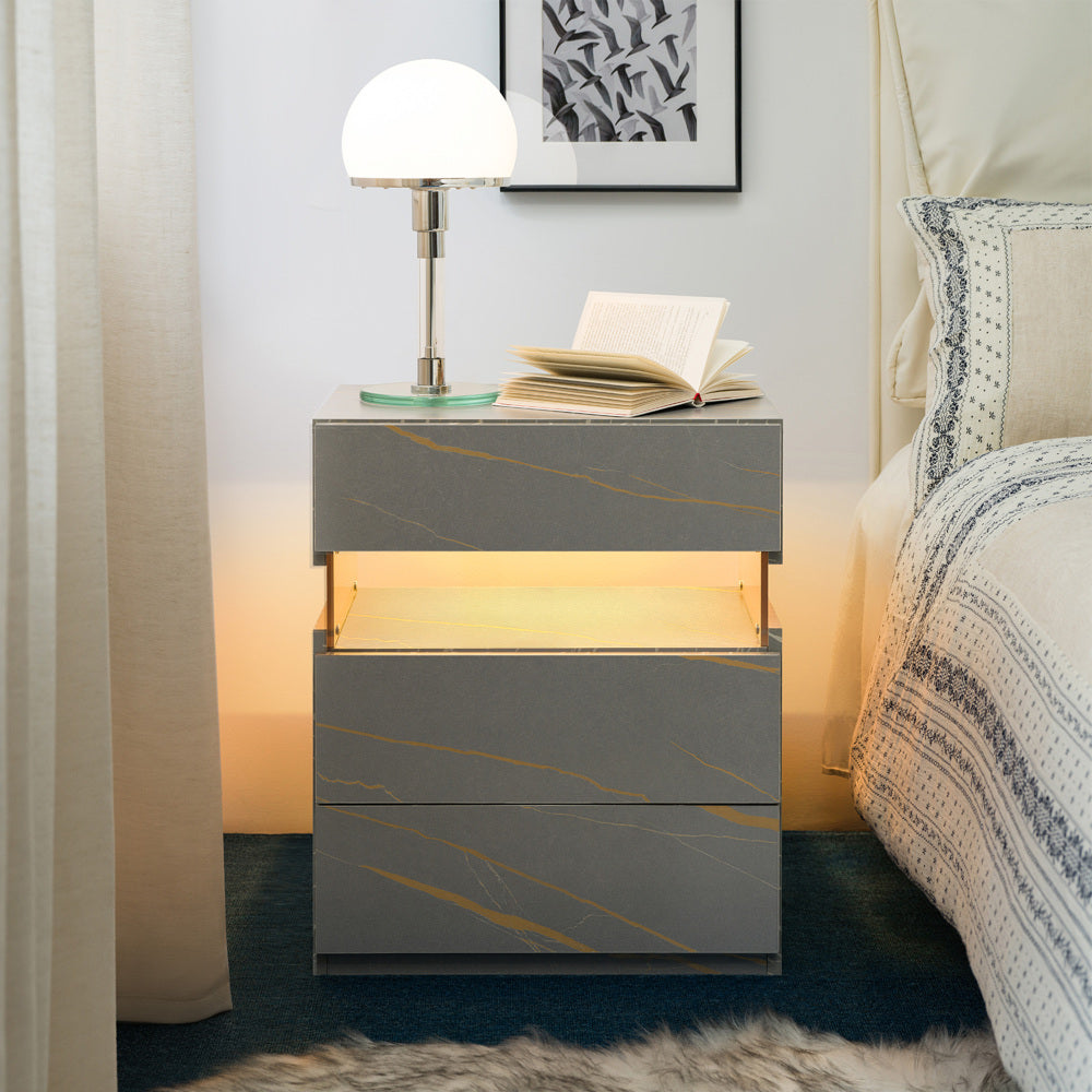 SunJet LED Nightstands 3 Drawer Dresser for Bedroom End Table with Acrylic Board LED Bedside Tables for Bedroom Living Room Bedside Furniture (White)