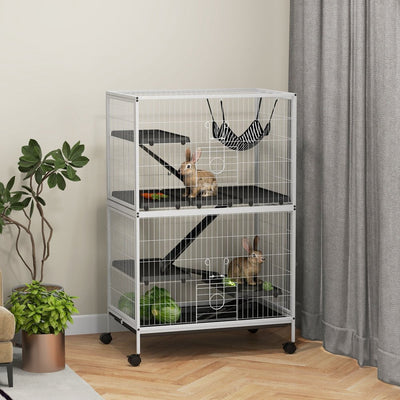 PawHut 50" H 5-Tier Small Animal Cage, Ferret Cage, Large Chinchilla Cage with Hammock Accessory Heavy-Duty Steel Wire, Small Animal Habitat with 4 Doors, Removable Tray, White