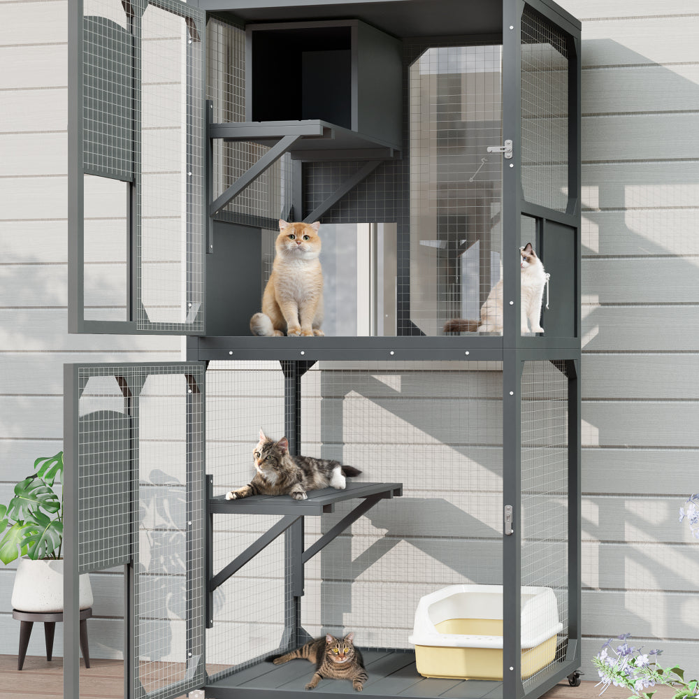 Catio Outdoor Cat Enclosure Window Access, 4 Tiers Cat House with Wheels, Resting Box & Waterproof Roof, Indoor Large Cat House Cage, Gray