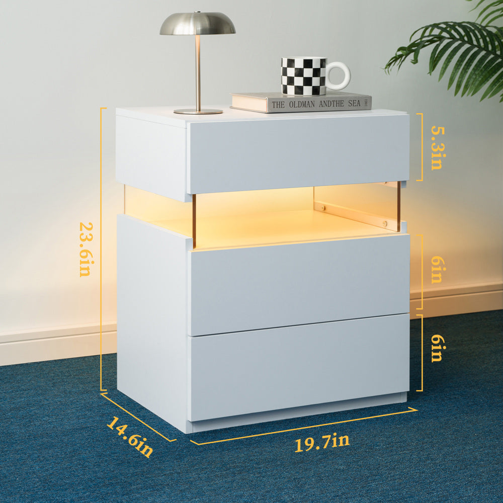 SunJet LED Nightstands 3 Drawer Dresser for Bedroom End Table with Acrylic Board LED Bedside Tables for Bedroom Living Room Bedside Furniture (White)