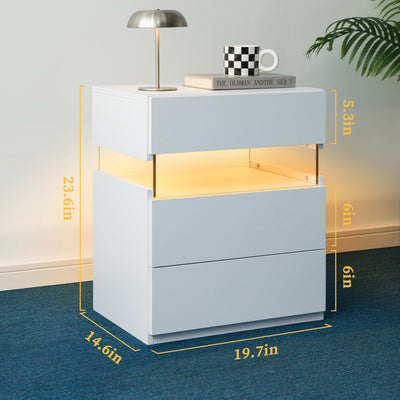 SunJet LED Nightstands 3 Drawer Dresser for Bedroom End Table with Acrylic Board LED Bedside Tables for Bedroom Living Room Bedside Furniture (White)