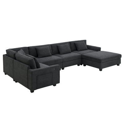 Chenille U Shaped Sectional Sofa with Ottoman and Storage, USB Ports, 2 Colors