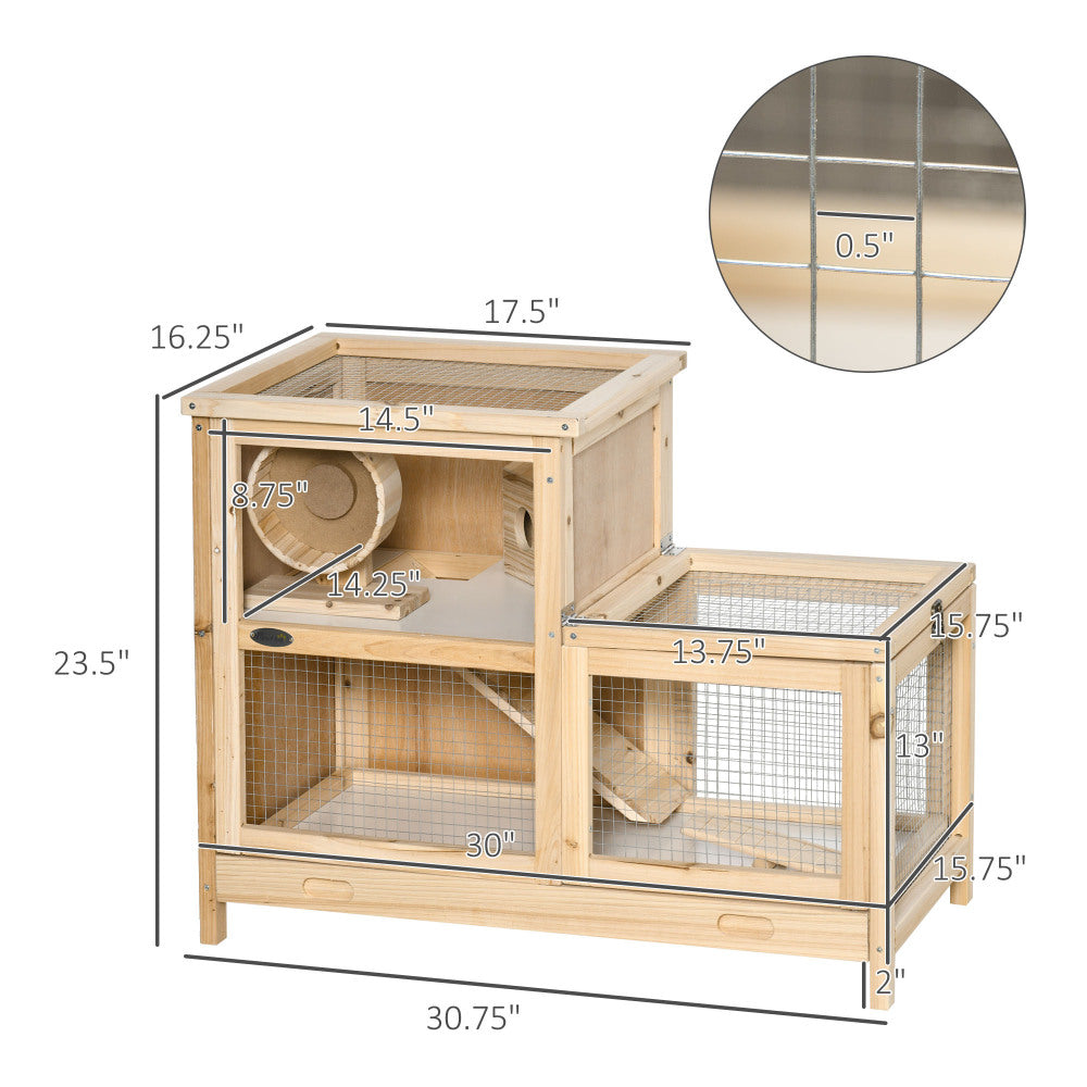 2-Tier Wooden Hamster Cage, Small Animals Hutch,Natural