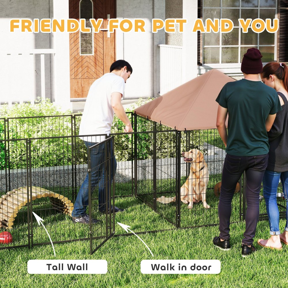 Large Outdoor Dog Kennel with Rotating & Adjustable Height Bowls, Waterproof & UV-Resistant Canopy, Coffee