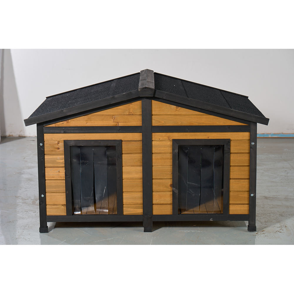 Large Outdoor Wooden Dog House with Dual Doors, Waterproof Asphalt Roof & Lift-Up Top, Fir Wood Dog Shelter for Medium to Large Dogs (Black & Natural Finish)