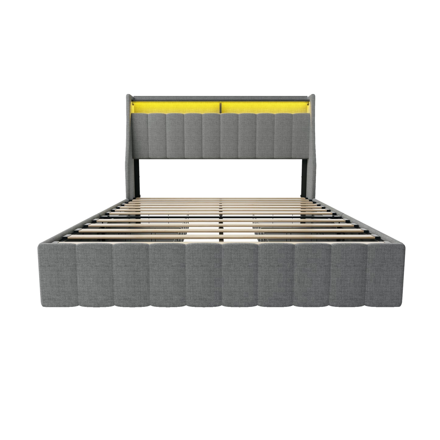 Modern Upholstered Full Size Bed Frame with LED, Under-bed Storage Drawers, Wings Headboard, Light Grey