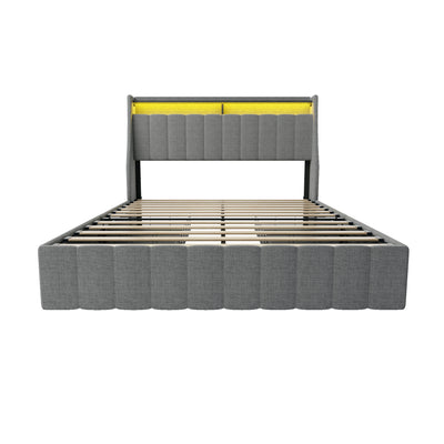 Modern Upholstered Full Size Bed Frame with LED, Under-bed Storage Drawers, Wings Headboard, Light Grey