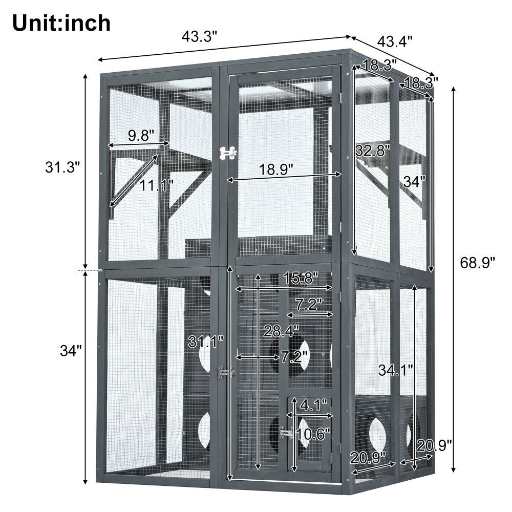 Catio Outdoor Cat Enclosure with Double Enter Doors, Grey Climbing shelves, Weatherproof Pine Wood Playground with 7 Freely Combination Wood Boxes