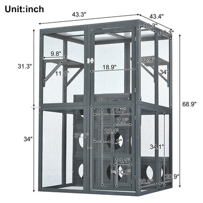 Catio Outdoor Cat Enclosure with Double Enter Doors, Grey Climbing shelves, Weatherproof Pine Wood Playground with 7 Freely Combination Wood Boxes