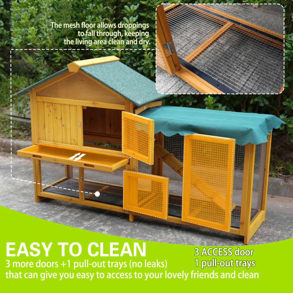 Rabbit Hutch, Indoor Bunny Cage, Outdoor Rabbit Cages with Run, Pet House with Deeper No Leak Tray, UV Panel, Removable Bottom Wire Mesh for Small Animals,Removable waterproof and sun protection cover