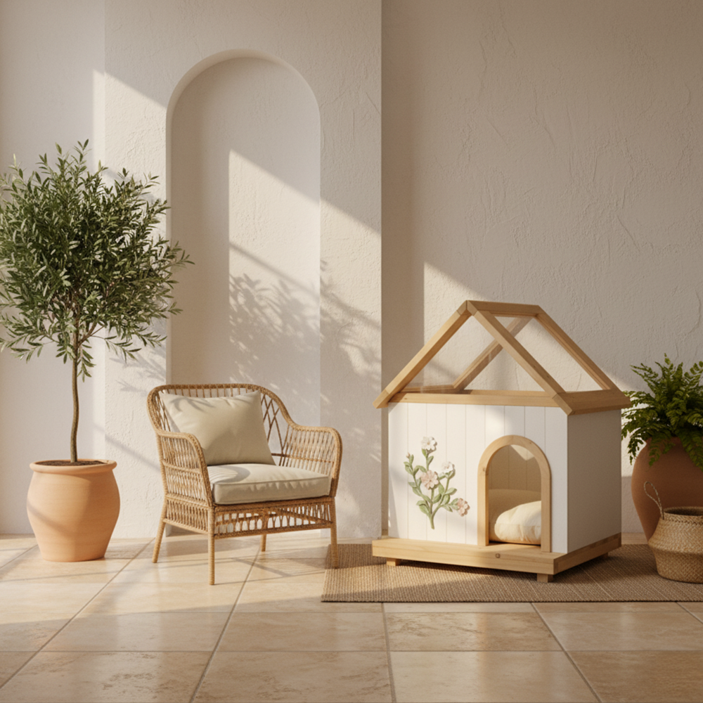 Transparent Roof Pet House with Floral Carving  FSC-Certified Cedar Indoor Shelter for Cats & Small Dogs 24*22*32