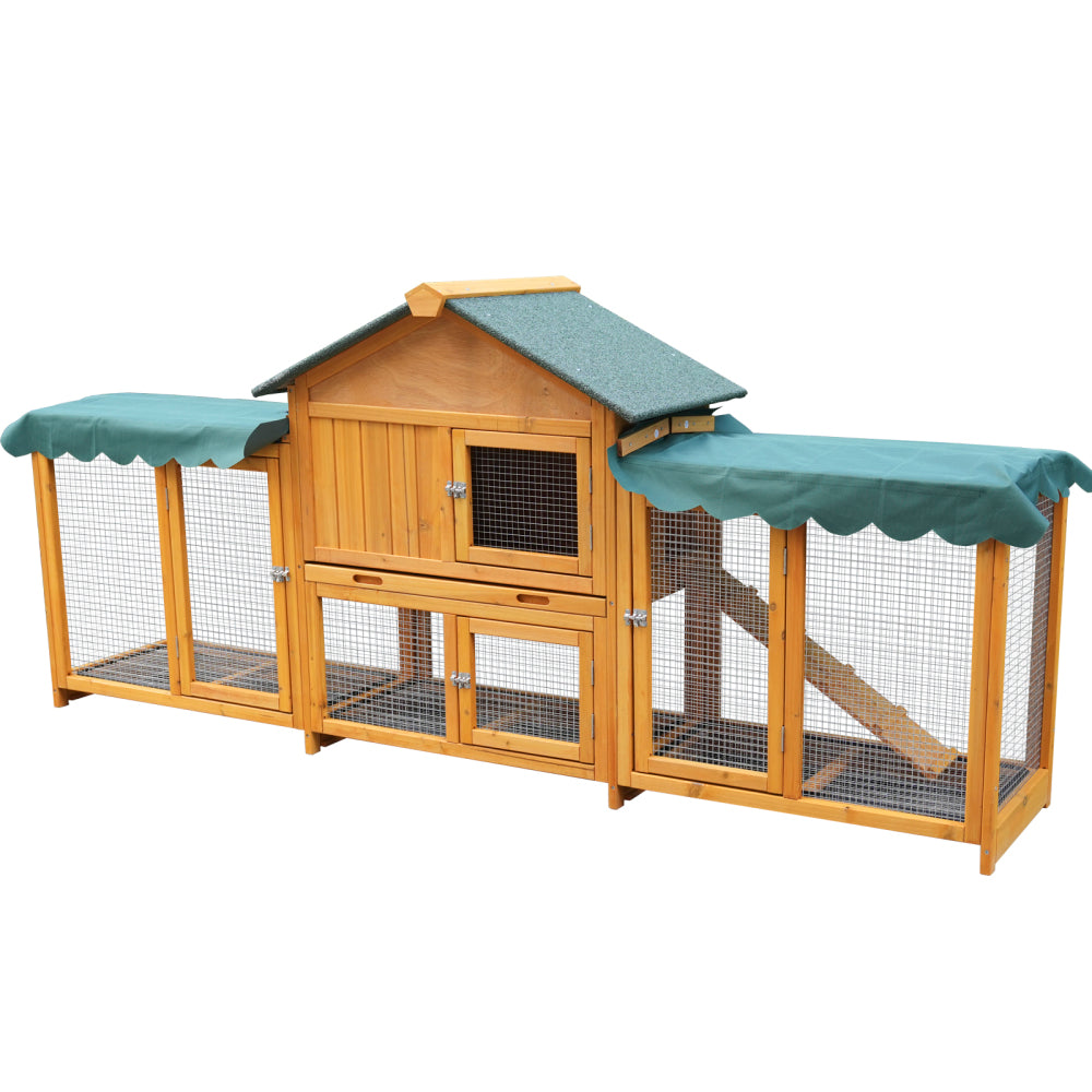 82inches Extra Large Wood Rabbit Hutch Outdoor Easy to Assemble and Stable Bunny Cage Indoor with Cleaning Tray & Waterproof Roof for Small and Medium Bun,Removable waterproof and sun protection cover
