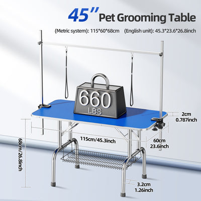 Large Grooming Table for Pet Dog and Cat with Adjustable Arm and Clamps Large Heavy Duty Animal grooming table, 46''/blue