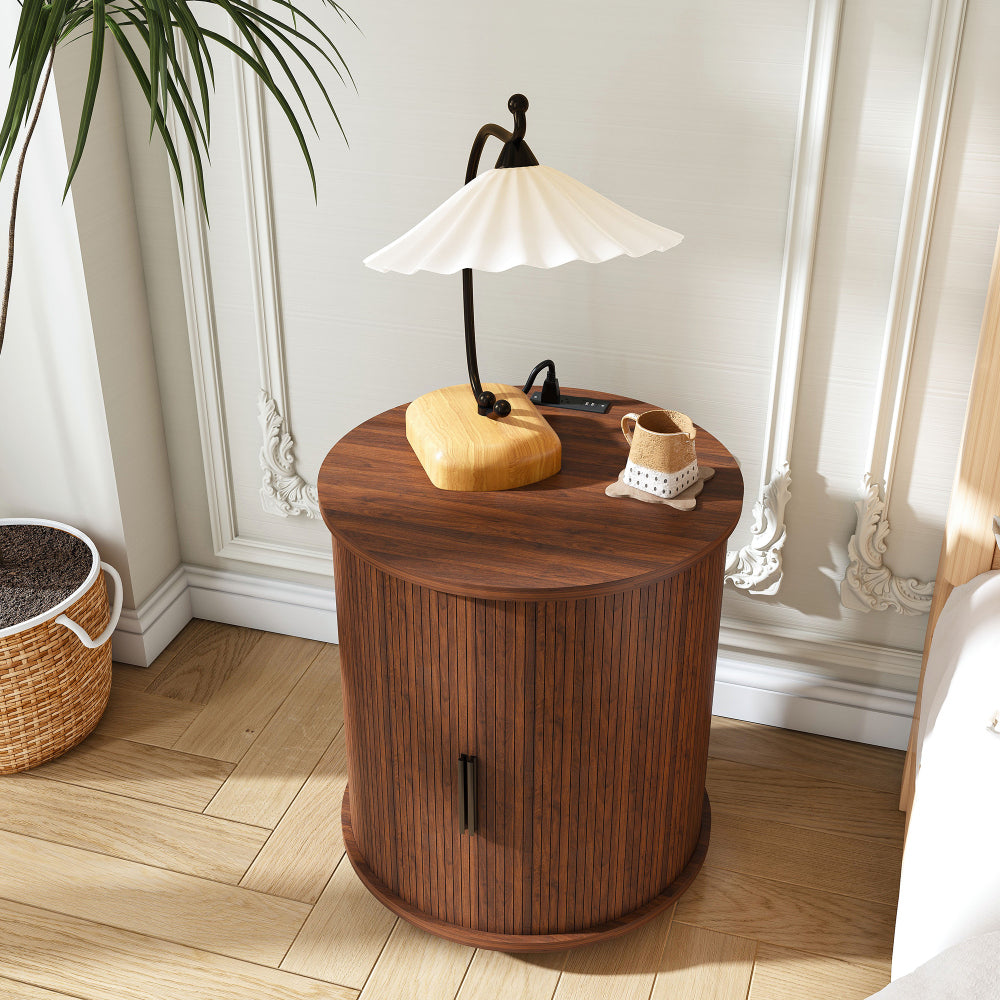 SunJet Mid Century Modern Cylinder End Table with Built-in Charging Station & Sliding Door, 2-Tier Storage Round Nightstand with USB Ports, Walnut Bedside Table for Living Room, Bedroom, Entryway