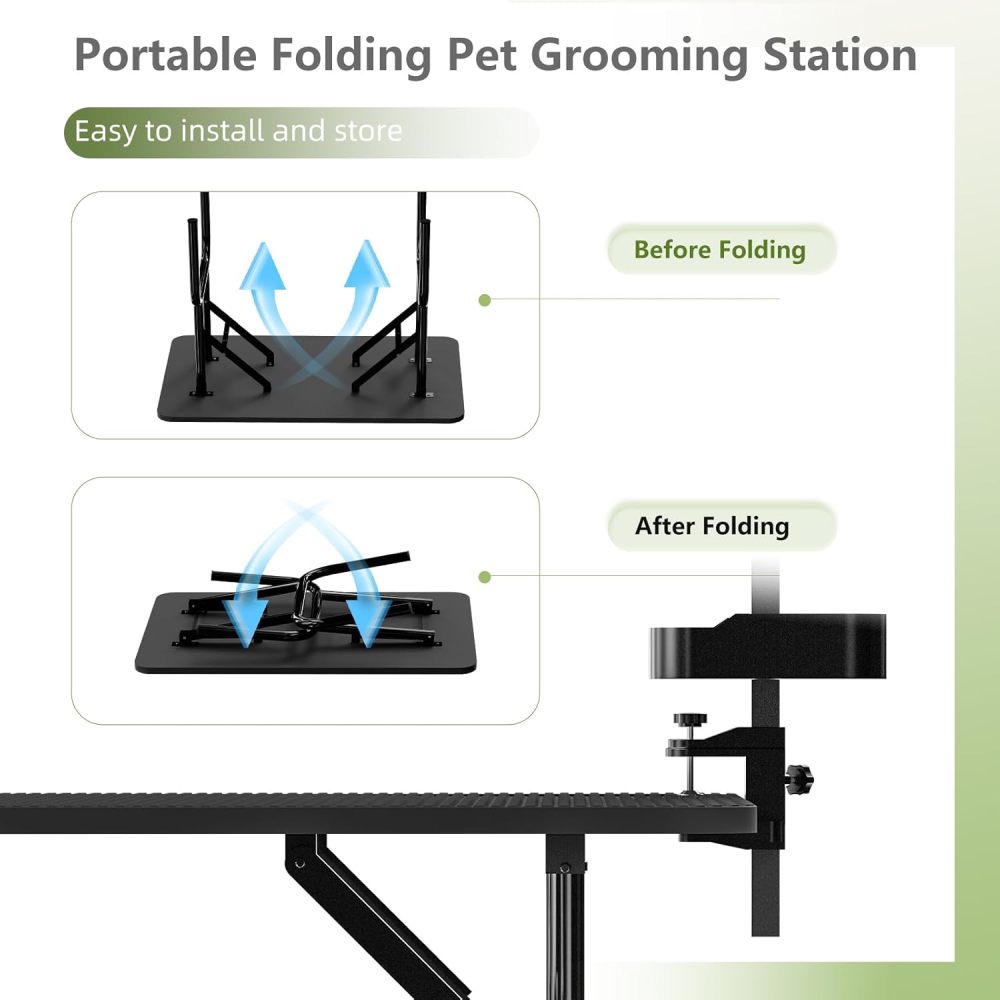 36''Large Dog Grooming Table, Foldable Pet Station at Home, Dog Grooming Table,Adjustable Cat Drying Desktop with Arms, Nooses, Mesh Tray (36Inch Pet Grooming Table Black)
