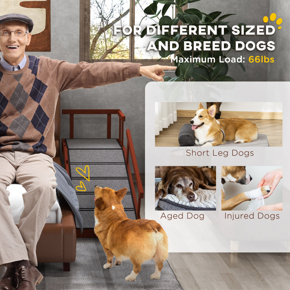 PawHut Dog Ramp, Dog Stairs for Small, Medium & Large Dogs, Pet Ramp for Bed or Couch with Removable Guardrails, Non-Slip Surface, 49" Long, Brown