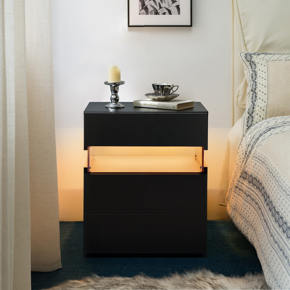 SunJet LED Nightstands 3 Drawer Dresser for Bedroom End Table with Acrylic Board LED Bedside Tables for Bedroom Living Room Bedside Furniture (White)