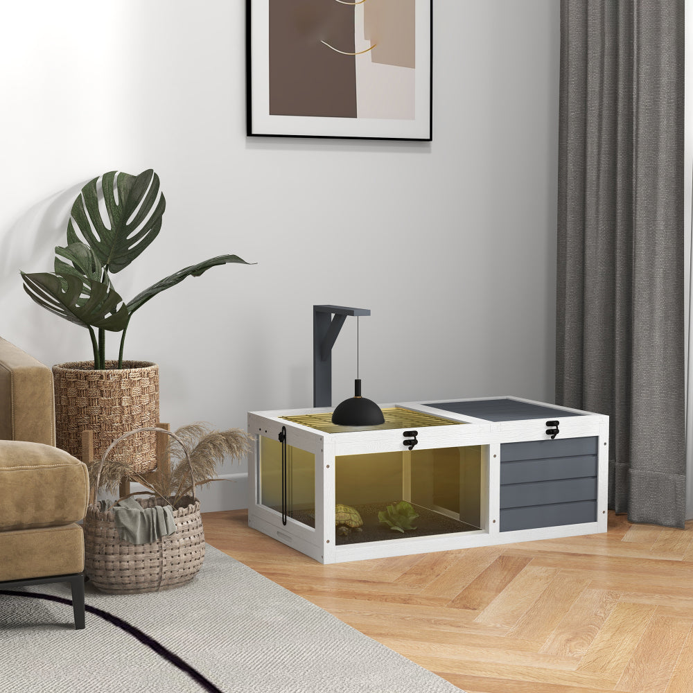 PawHut Tortoise Habitat, Wooden Tortoise House, Indoor Outdoor Tortoise Enclosure with Lamp Holder, Pull-out Waterproof Trays, Openable Lids, Gray