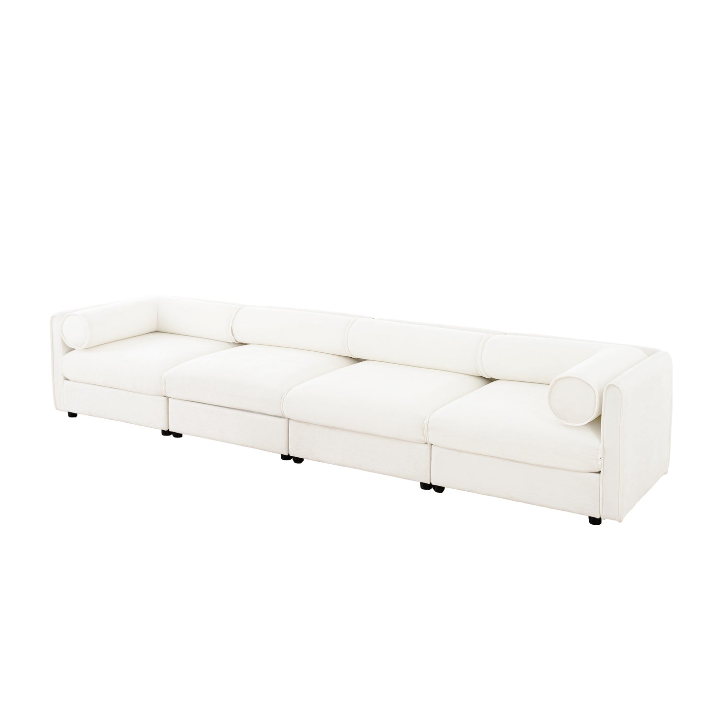 Modular Sectional Sofa with Storage and Cylindrical Support, White Chenille, 4 Seat L-Shaped Design
