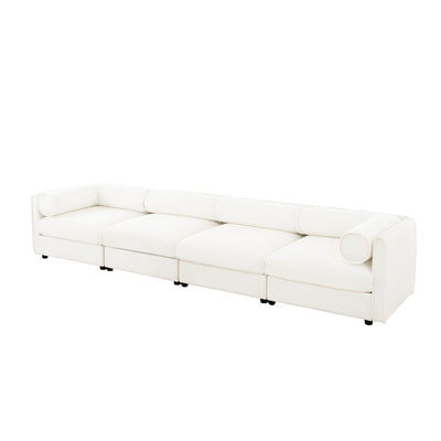 Modular Sectional Sofa with Storage and Cylindrical Support, White Chenille, 4 Seat L-Shaped Design